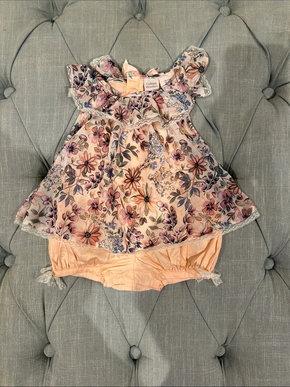 Catherine Malandrino Peach Floral Ruffled Baby One-Piece